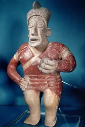 Figurine of a tlachtli player wearing a helmet, from Jalisco, Classic Period, 400-700